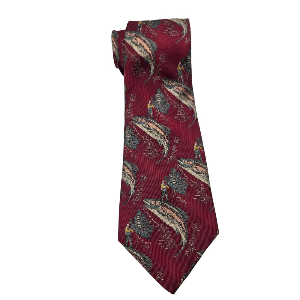 90s Nautica Silk Tie Mens Burgundy Fishing Trout Outdoors USA 56x4 Cabincore